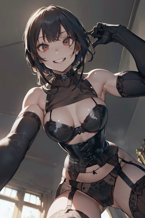 (Highest quality)), ((masterpiece)), (detailed), prison, One girl, ass pov, ((((from below)))), looking at viewer, evil grin, ((whip)), wielding a whip at viewer, femdom, dominatrix, ((bare shoulders)), ((black bustier)), ((black stockings)), ((black g-string)), ((black high heels)), ((black garter belt)), ((black elbow gloves)), ((female standing)),
