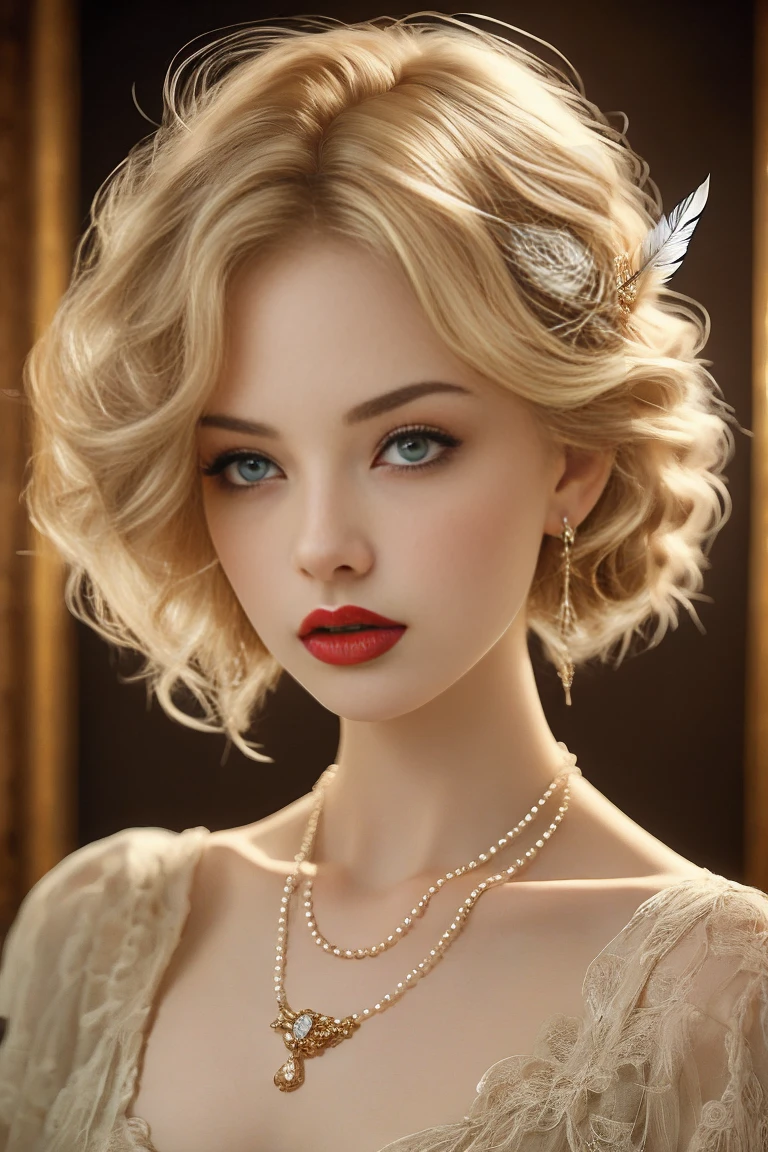 (masterpiece, best quality:1.2),bellissima, realistic, xcharleston style, 1girl, solo, hip, blue eyes, blonde hair, hair ornament, dress, jewelry, necklace, bracelet, lips, makeup, ring, feathers, lipstick, gem, curly hair, realistic, feather hair ornament, pearl necklace, pearl (gemstone)