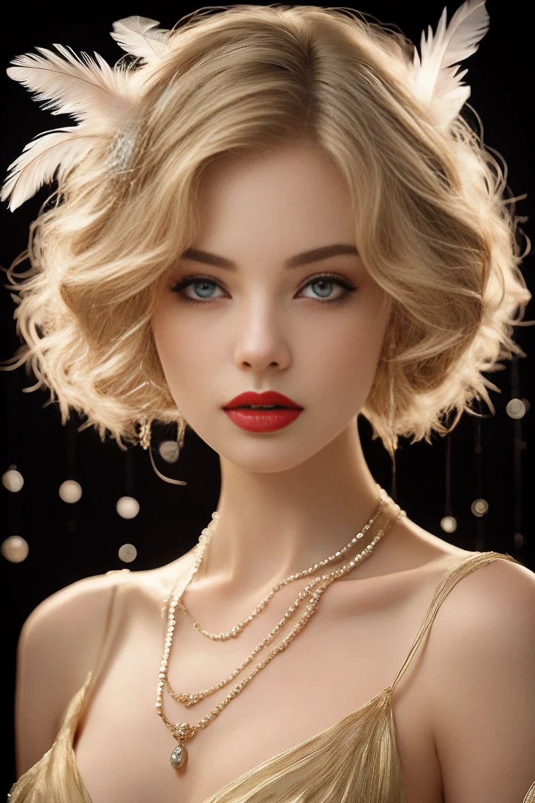 (masterpiece, best quality:1.2),bellissima, realistic, xcharleston style, 1girl, solo, hip, blue eyes, blonde hair, hair ornament, dress, jewelry, necklace, bracelet, lips, makeup, ring, feathers, lipstick, gem, curly hair, realistic, feather hair ornament, pearl necklace, pearl (gemstone)