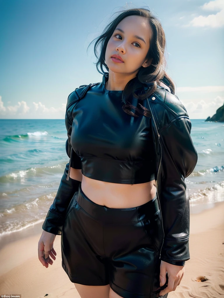 1girl, solo, (uniform), standing, at the beach,  beautifully ocean scenery, detailed face, cute face, detailed eyes, thick breasts, smooth realistic skin, black latex crop top, black latex hot pants, looking at the audience, low angle shot,(8k, RAW photo, best quality, masterpiece: 1.2), (realistic, realistic: 1.37), ultra-high resolution