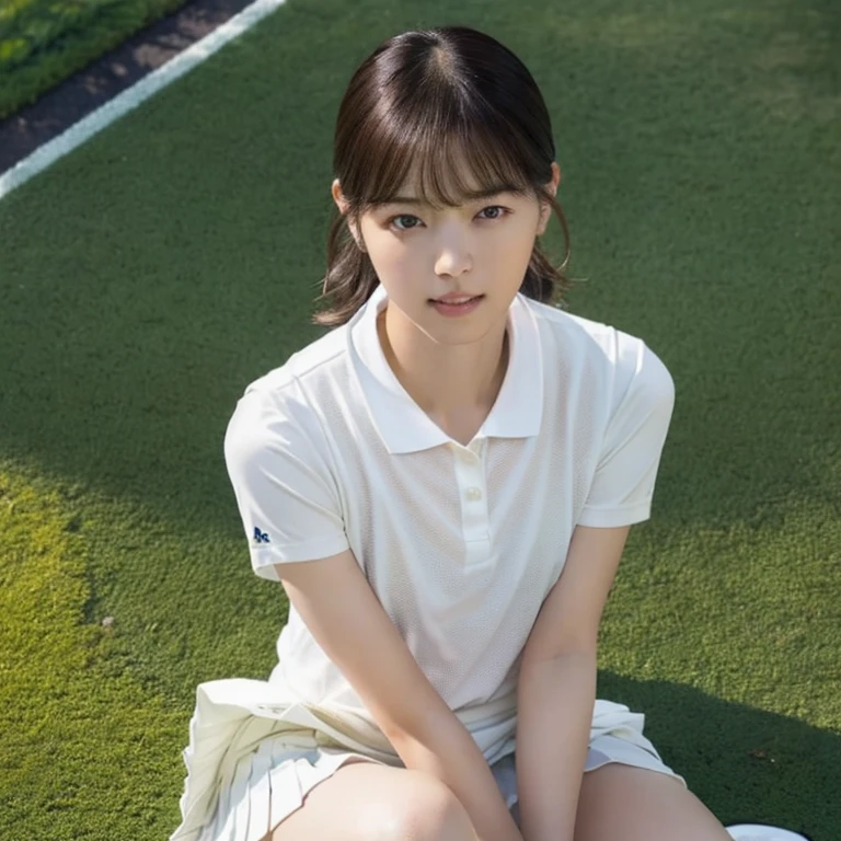 (Masterpiece, Best quality: 1.4), (Ultra realistic, Photo-realistic: 1.2), Full body, Spread legs, Looking at viewer, Natural light, 30 years old actress, Japanese women, Neat and clean, ((Wearing white tennis uniform, White short-sleeve polo shirt with collar, Not buttoning the polo shirt, White pleated skirt: 1.2)), (Short wavy hair: 1.2), Light brown hair color, (Beautiful Face), Oval face, clear, (Beautiful eyes, Kind eyes), (Clear skin), Small face, (Small mouth, Beautiful mouth), Natural makeup, (Wearing white socks: 1.1), Approachable, Hotel Suite room,On bed, Seductive smile, Seductive pose, Beautiful thighs, Bedroom eyes, Embarrassed, blush