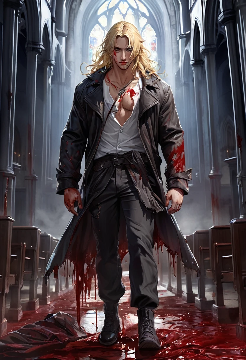 "Realistic Digital Painting with Concept Art Elements"," digital painting," "concept art," "realistic," "high detail", "1boy", "muscular", "tattered clothes", "blood all over his hands garments", "high-res", "blonde hair", "church", "moonlight", "bible in hand", "full body shot", "ominous aura,", "incubus" ,  "bloody garments", "blood all over his face" "detailed-Eyes", "detailed-face", "blood on lips", "blood trickling down chin", "8k resolution", "soft colors" , "cool ambience" , "