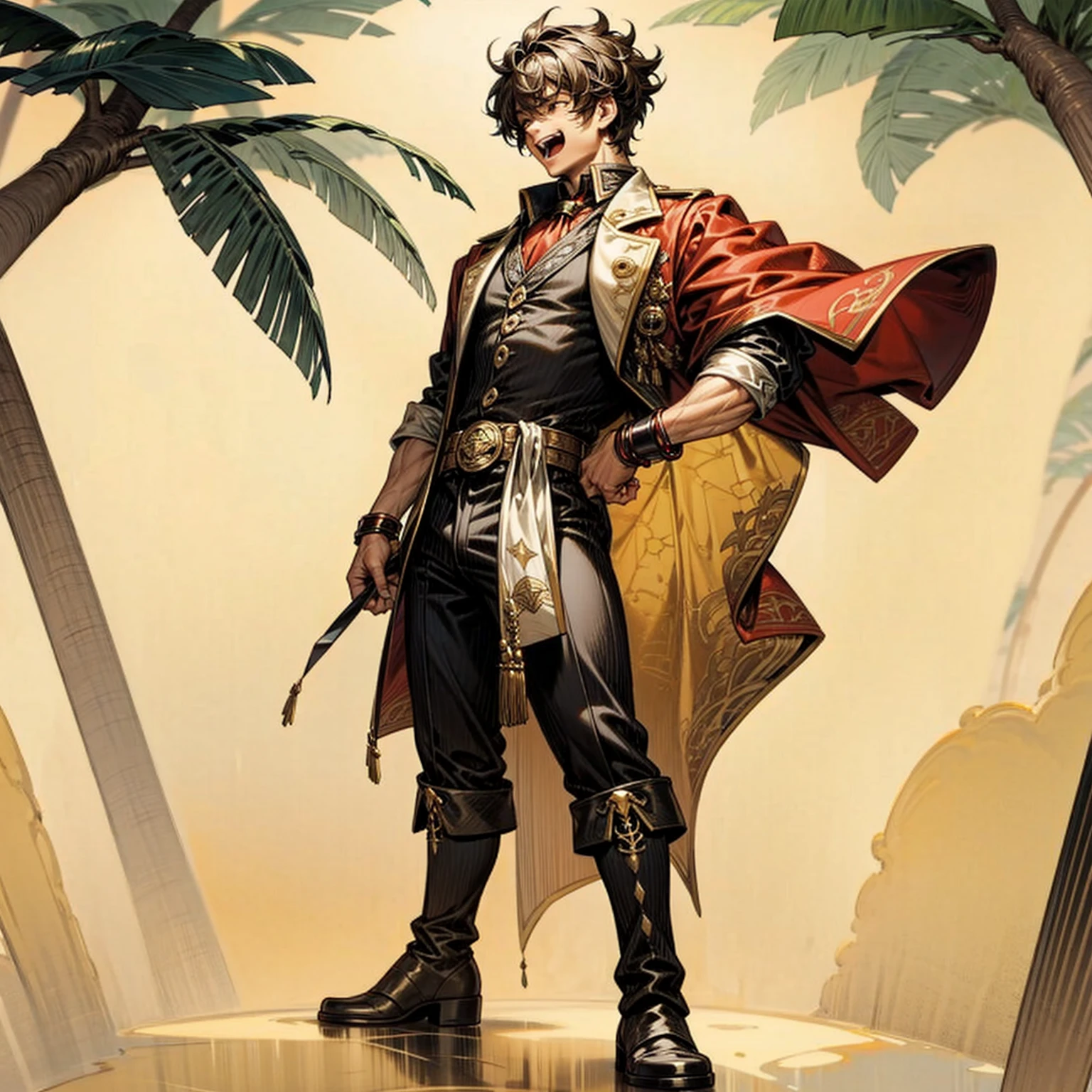 Solo character, full body version, boy, Big muscle body, very tall 100 feet high, very big palms, black half white color hair, brown eyes, short curly hairstyle, red pirates outfits, no robe, no jacket, just a shirt, gold bracelets, gold rings, boots, white simple background, shadow, standing gesture, laugh out loud, open mouth, close eyes,