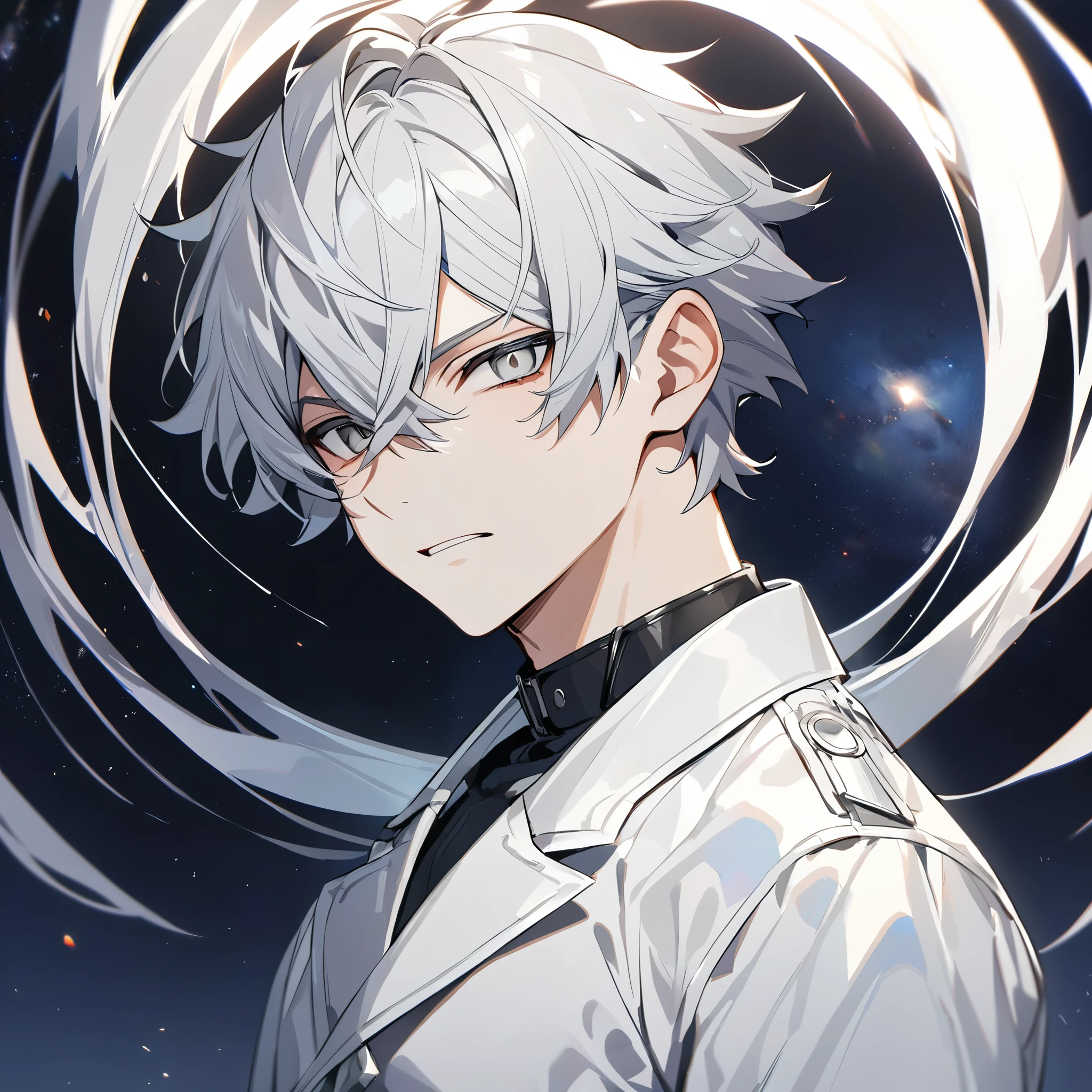 High quality, HD, 4k, no shadows, handsome male, 1male, 17 years old, teenager, short white hair, sharp eyes, grey colored eyes, deep grey eyes, grey eyes, devil may cry, close up, calm expression, stoic expression, black leather clothes, white leather clothing, lean body, well trained body, upper body, looking at viewer, cowboy shot, white solar, space background
