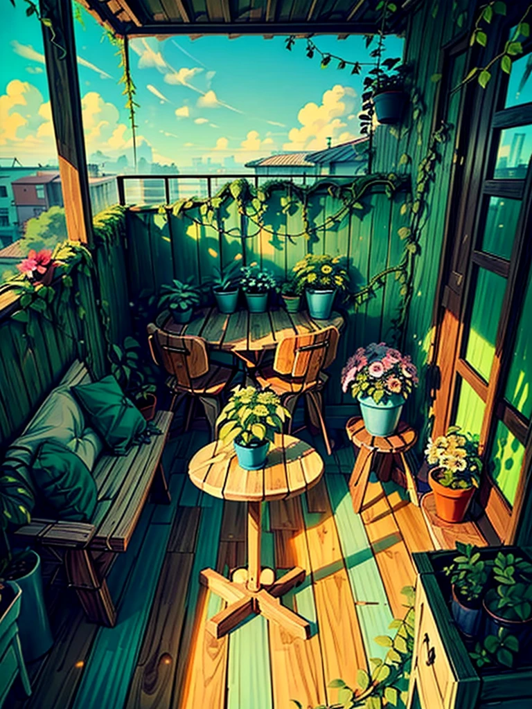 (masterpiece:1), (Full Wide View:1.5), (Interior of the wooden balcony of the Oranto nursery on the top floor of the building :1.6), (Lo-fi atmosphere:1.3), (Bright Day:1.5), (Exotic plants:1.3), silence, (Green grass seen from the balcony:1.4), (Vast blue sky:1.5), (Soft and bright glow in vibrant colors:1.4), Beautiful sky, (Volumetric Light:1.2), peaceful, (There are large, brightly colored flowers blooming all around.:1.5), (nature:1.3), (nature ambience:1.3), (Wooden chairs and tables:1.5), (Various shades of green vines everywhere:1.4), (Beautiful aesthetics:1.2), (Tropical plant flower pot:1.4), beautiful tone, Subtle colors, peaceful, (figure: 1.0), A magnificent composition, Realistic lighting, (not human:1.6), HD detailed, masterpiece, Highest quality, ,