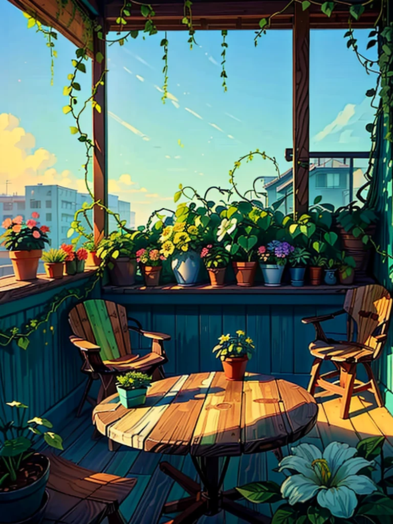 (masterpiece:1), (Full Wide View:1.5), (Interior of the wooden balcony of the Oranto nursery on the top floor of the building :1.6), (Lo-fi atmosphere:1.3), (Bright Day:1.5), (Exotic plants:1.3), silence, (Green grass seen from the balcony:1.4), (Vast blue sky:1.5), (Soft and bright glow in vibrant colors:1.4), Beautiful sky, (Volumetric Light:1.2), peaceful, (There are large, brightly colored flowers blooming all around.:1.5), (nature:1.3), (nature ambience:1.3), (Wooden chairs and tables:1.5), (Various shades of green vines everywhere:1.4), (Beautiful aesthetics:1.2), (Tropical plant flower pot:1.4), beautiful tone, Subtle colors, peaceful, (figure: 1.0), A magnificent composition, Realistic lighting, (not human:1.6), HD detailed, masterpiece, Highest quality, ,