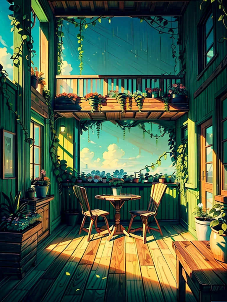 (masterpiece:1), (Full Wide View:1.5), (Interior of the wooden balcony of the Oranto nursery on the top floor of the building :1.6), (Lo-fi atmosphere:1.3), (Bright Day:1.5), (Exotic plants:1.3), silence, (Green grass seen from the balcony:1.4), (Vast blue sky:1.5), (Soft and bright glow in vibrant colors:1.4), Beautiful sky, (Volumetric Light:1.2), peaceful, (There are large, brightly colored flowers blooming all around.:1.5), (nature:1.3), (nature ambience:1.3), (Wooden chairs and tables:1.5), (Various shades of green vines everywhere:1.4), (Beautiful aesthetics:1.2), (Tropical plant flower pot:1.4), beautiful tone, Subtle colors, peaceful, (figure: 1.0), A magnificent composition, Realistic lighting, (not human:1.6), HD detailed, masterpiece, Highest quality, ,