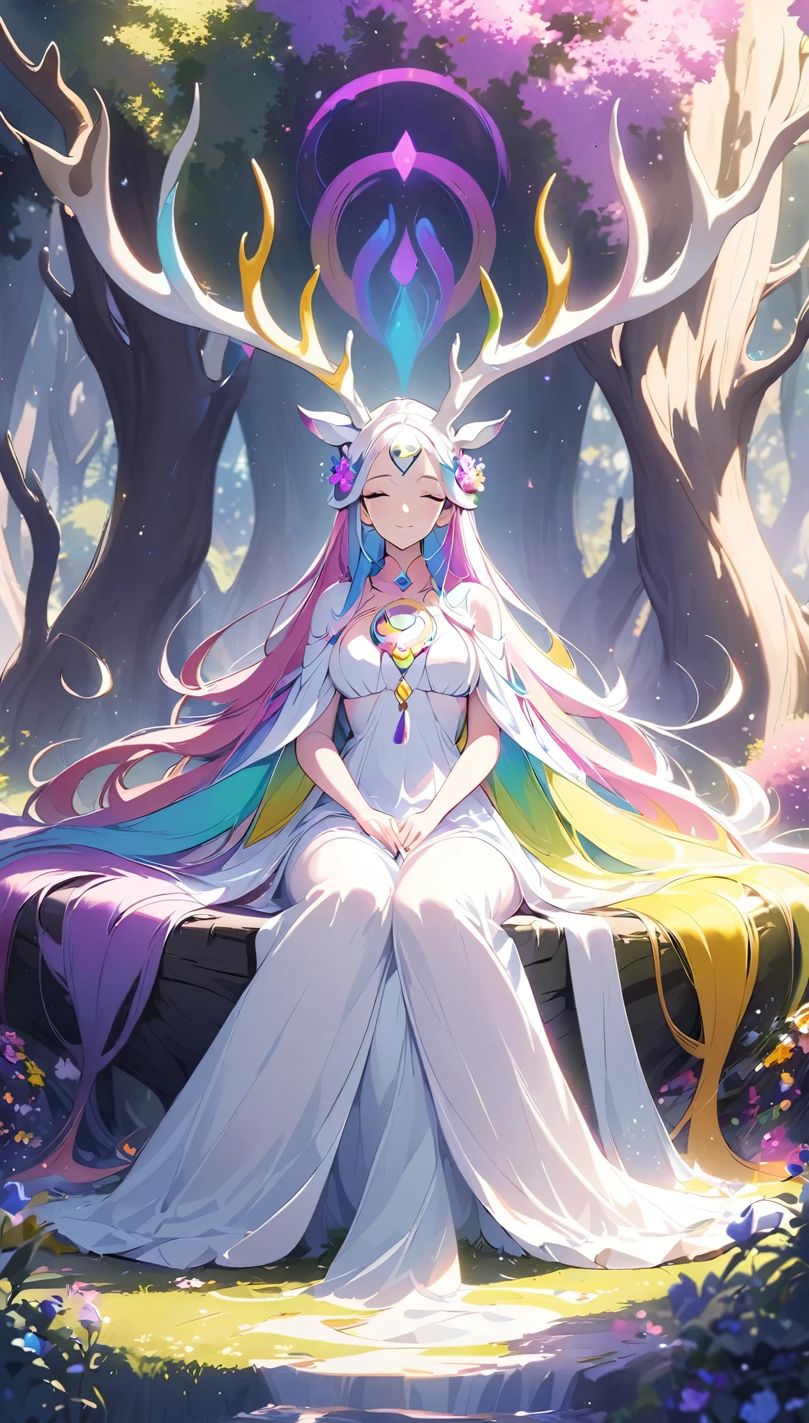 Seven-Colored Deer Guardian,Huge and beautiful seven-colored deer,A peaceful and dreamy scene,A woman in a princess dress sits next to a giant seven-colored deer,The woman is very sexy,Detailed facial details,The background is a magical forest full of spirituality,Create a soft and ethereal atmosphere。The overall composition is beautiful