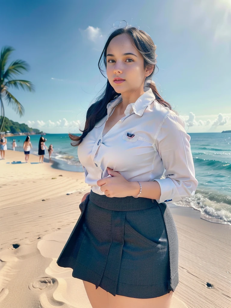 1girl, solo, (uniform), standing, at the beach, beautifully ocean scenery, detailed face, cute face, detailed eyes, thick breasts, smooth realistic skin, white shirt, grey-blue hot miniskirt, looking at the audience, low angle shot,(8k, RAW photo, best quality, masterpiece: 1.2), (realistic, realistic: 1.37), ultra-high resolution