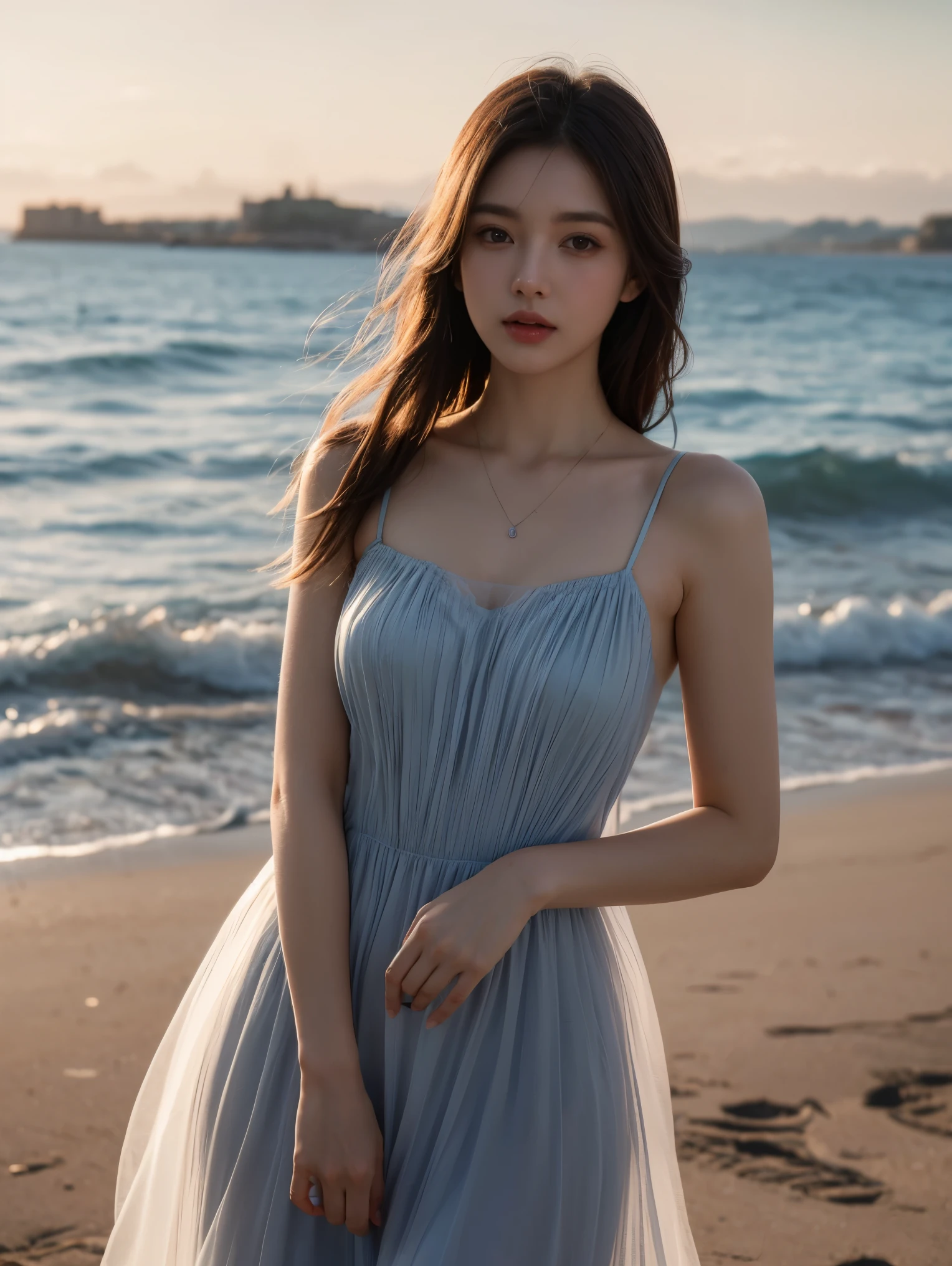 1 woman, (looking at viewer:1.2), detail face, (standing girl, Lending on cgsociety, beach background), romanticism, atmosphere, (RAW photos, best quality), (realistic, photo-realistic:1.3), masterpiece, very delicate and beautiful, very detailed, d cup，class photo，（Wearing a translucent blue tulle dress1.5）
