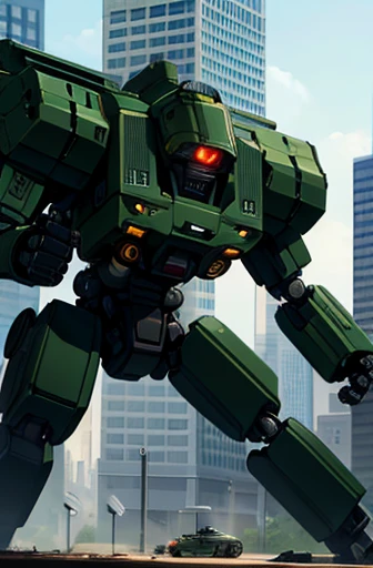 meca,roboT,droid,holding_assault rifle,giant,city,masterpiece,best quality,super detailed,super fine illustration,battle scene,green color,Cannon,dynamic angle,Heavy equipment,