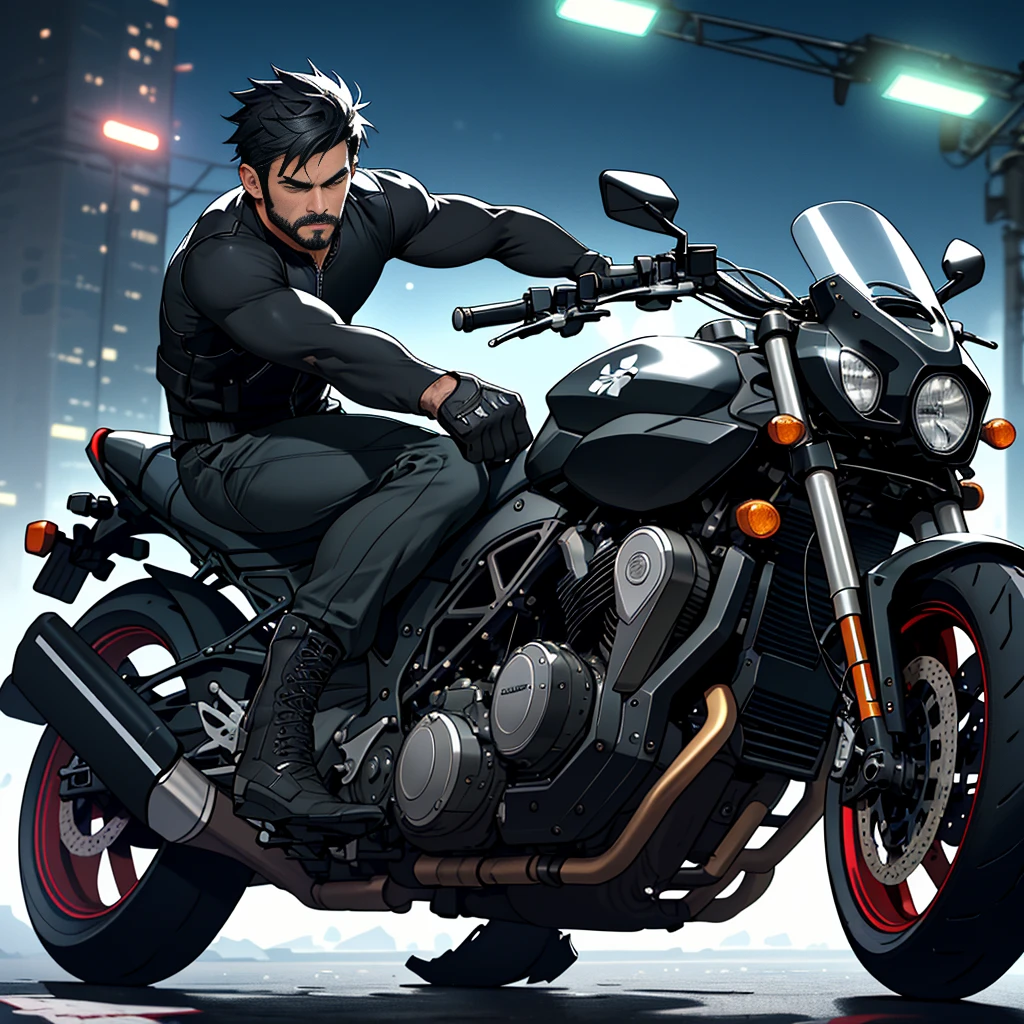 best qualtiy,tmasterpiece,serious-expression,Ultra-high resolution,detailedbackground,realisticlying,1 person,solo,male people,Male riding a black motorcycle,with short black hair,musculouature male,short detailed hair,Facial hair,Under Armour black tight fitness vest,black military boots,biker gloves,Realistic shadows and light,depth of fields,the night,neonlight,