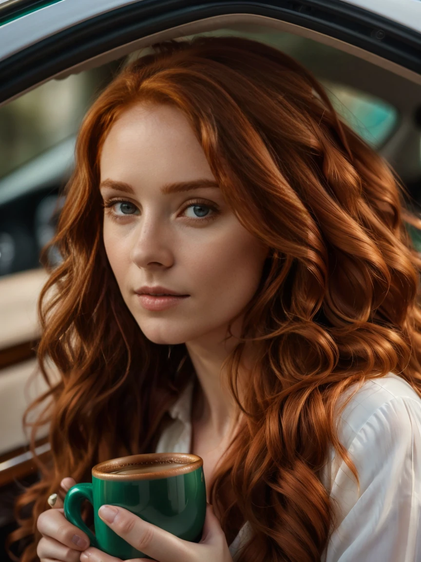 Hyper-realistic UHD 4K image, beautiful woman in photographic quality, redhead, long curl hair, emerald green eyes, masterpiece, she drinks her morning coffee in the car