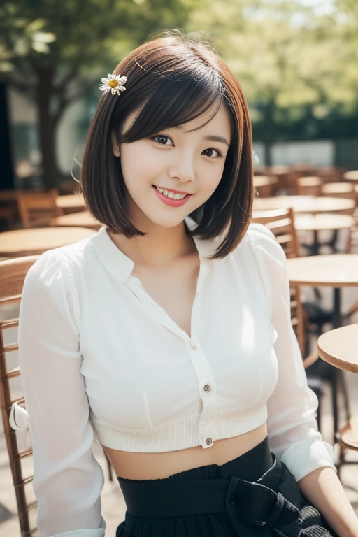 (((Top quality, 8K, Masterpiece: 1.3)), Beautiful girl, Pure, Melon face, feminine and cute, kind smile, Pure desire, Slender body, (Front), (Tilted head), ((Looking at camera) ), wearing a colorful suit, black silky short bob hair, long flowing shoulders, round black big eyes, clear big eyes, moist red lips, sweet, sitting on a chair, cafe terrace background ,(((waist shot))),SFW, Bokeh, Daisy Flower Hairclip)