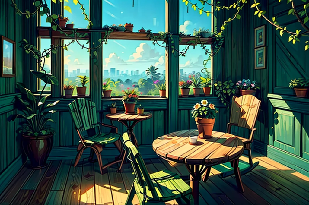 (masterpiece:1), (Full Wide View:1.5), (Interior of the wooden balcony of the Oranto nursery on the top floor of the building :1.6), (Lo-fi atmosphere:1.3), (Bright Day:1.5), (Exotic plants:1.3), silence, (Green grass seen from the balcony:1.4), (Vast blue sky:1.5), (Soft and bright glow in vibrant colors:1.4), Beautiful sky, (Volumetric Light:1.2), peaceful, (There are large, brightly colored flowers blooming all around.:1.5), (nature:1.3), (nature ambience:1.3), (Wooden chairs and tables:1.5), (Various shades of green vines everywhere:1.4), (Beautiful aesthetics:1.2), (Tropical plant flower pot:1.4), beautiful tone, Subtle colors, peaceful, (figure: 1.0), A magnificent composition, Realistic lighting, (not human:1.6), HD detailed, masterpiece, Highest quality, ,