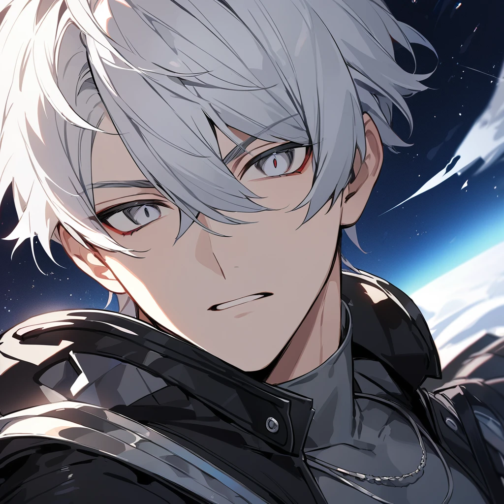 High quality, HD, 4k, no shadows, handsome male, 1male, 17 years old, teenager, short white hair, sharp eyes, grey colored eyes, deep grey eyes, grey eyes, devil may cry, close up, calm expression, stoic expression, black leather clothes, black leather clothing, lean body, well trained body, upper body, looking at viewer, cowboy shot, white solar, space background