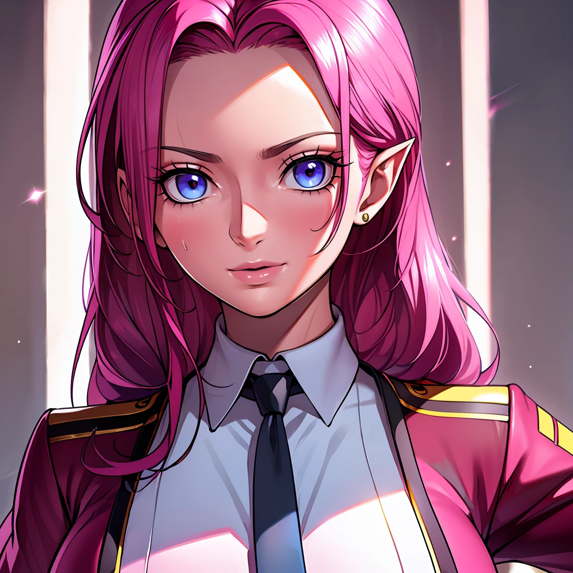 red uniform, pink military uniform, purple hair ,blue eyes, lipstick, long hair, 1 girl, 20yo,Young female, Beautiful Finger, Beautiful long legs, Beautiful body, Beautiful Nose, Beautiful character design, perfect eyes, perfect face, expressive eyes, looking at viewer, in the center of the image,(light_smile:0.5), official art, extremely detailed CG unity 8k wallpaper, perfect lighting, Colorful, Bright Front face lighting, shiny skin, (masterpiece:1.0),(best_quality:1.0), ultra high res,4K,ultra-detailed, photography, 8K, HDR, high res, absurdres:1.2, Kodak portray 400, film grain, blurry background, bokeh:1.2, lens flare, (vibrant_color:1.2) (Beautiful,large_Breasts:1.0), (beautiful_face:1.5),(narrow waist) BLOOD ELVES