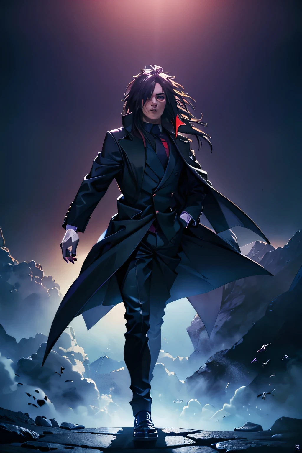 a man, a serious beautiful man with black hair and black eyes, wearing a suit, madara uchiha, full body (best quality,4k,8k,highres,masterpiece:1.2),ultra-detailed,(realistic,photorealistic,photo-realistic:1.37),hyperrealistic,extremely detailed face and eyes,detailed facial features,cinematic lighting,dramatic lighting,chiaroscuro,dramatic shadows,intense colors,vibrant colors, day moody color palette