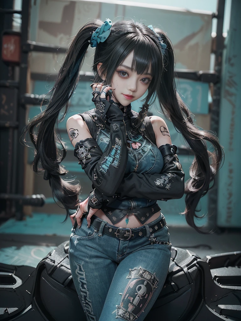 (Full Body View:1.2)、(Full body:1.3)、(Smiling with teeth showing:1.3),(Shibuya Gal:1.5)、(Gothic Lolita style fashion:1.5)、(Punk RockVisual Kei:1.5)、(Wearing a rhythmic gymnastics bodysuit with intricate details:1.4)、(Racing suit and pants with intricate turquoise, denim and charcoal decorations:1.5)、(Denim and light blue and turquoise boots:1.3)、((belt))、(Numerous delicate logo marks all over the costume:1.4)、(collar:1.3)、(Polka dot underwear:1.5)、20-year-old、NSFW、((Highest quality、In 8K、masterpiece:1.3))、Sharp focus:1.2、(Layered Cut、Huge boobs:1.1),Beautiful woman with perfect figure:1.4、(do a gravure pose:1.3)、Slender Abs:1.2、Highly detailed face and skin texture、Detailed eyes、double eyelid,(Twin tails:1.3)、(Black brown hair:1.3)、Gravure idol、(The background is the stage of the fashion show:1.3)、(Slim Body:1.3),(Make your legs thinner:1.4),（clavicle:1.1）