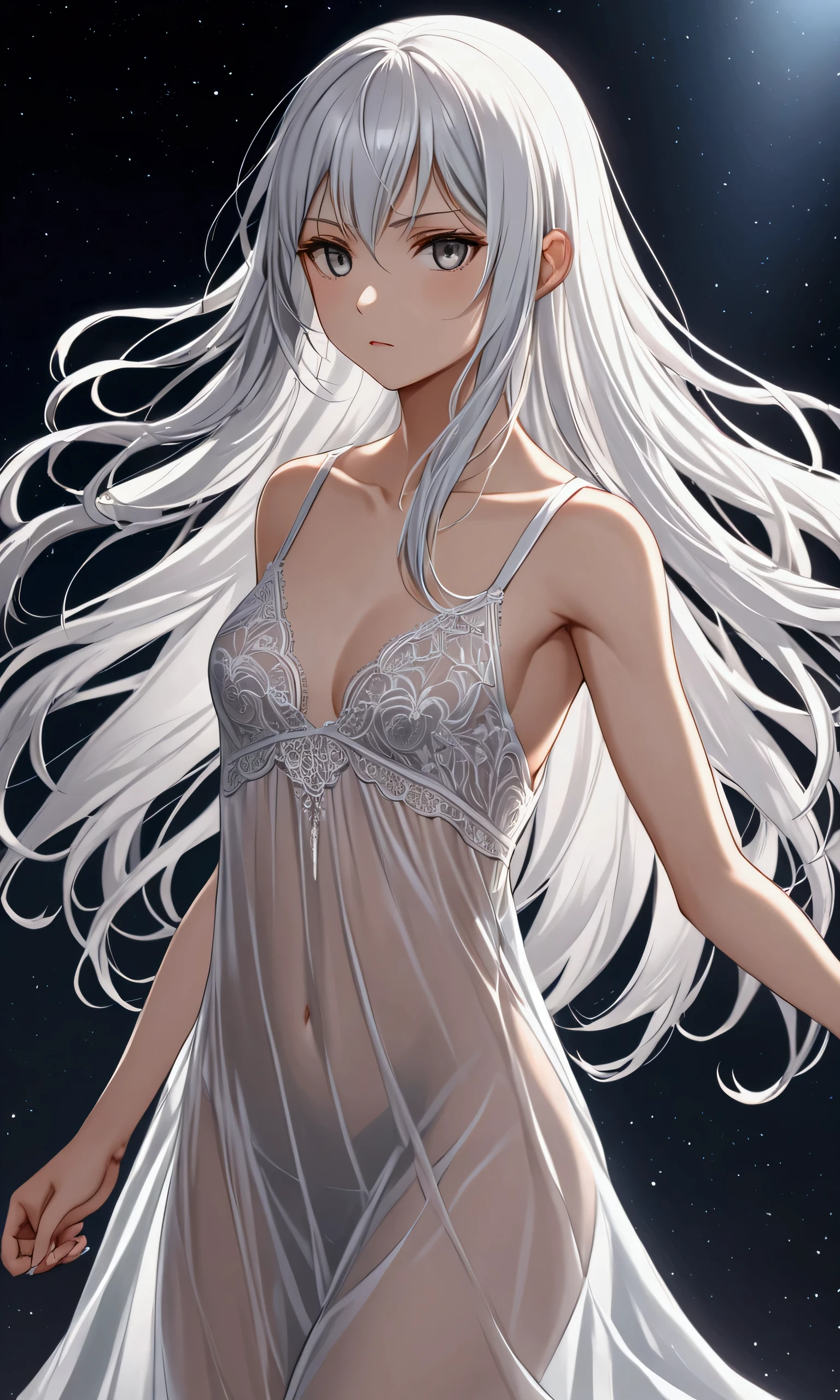A girl with long elegant white hair, determined grey eyes, fair skin tone, slender and athletic built, average height body, see-through night gown, detailed eyes, detailed body, long shot, 8k high-res best quality.