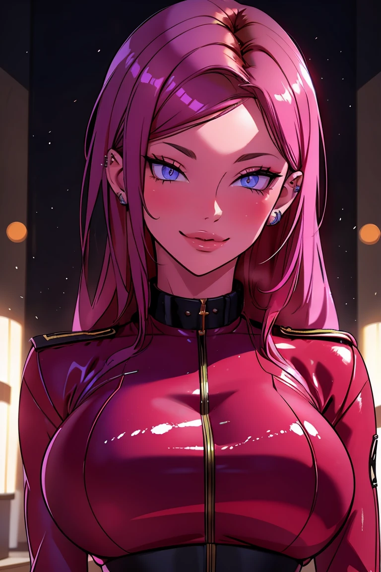 red uniform, pink military uniform, purple hair ,blue eyes, lipstick, long hair, 1 girl, 20yo,Young female, Beautiful Finger, Beautiful long legs, Beautiful body, Beautiful Nose, Beautiful character design, perfect eyes, perfect face, expressive eyes, looking at viewer, in the center of the image,(light_smile:0.5), official art, extremely detailed CG unity 8k wallpaper, perfect lighting, Colorful, Bright Front face lighting, shiny skin, (masterpiece:1.0),(best_quality:1.0), ultra high res,4K,ultra-detailed, photography, 8K, HDR, high res, absurdres:1.2, Kodak portray 400, film grain, blurry background, bokeh:1.2, lens flare, (vibrant_color:1.2) (Beautiful,large_Breasts:1.0), (beautiful_face:1.5),(narrow waist) BLOOD ELVES