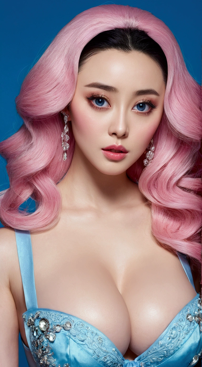 Fermer, photo brute de fan bingbing , very detailed, perfect face, sexy face,  lolita ,huge  cleavage,  blue eyes,  perfecteyes, gigantic large breasts,,  big , huge breasts, gigantic busty , thick , big naked hanging ,  professional lighting,  solid blue background
light makeup eyes,  flat solid color background,  pink lips,More emphasis on the breasts
,hyper breasts,gigantic breasts,large breasts