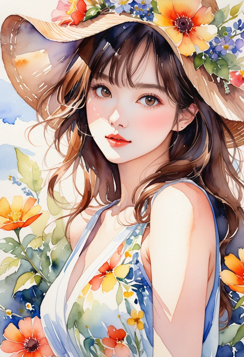 A very detailed watercolor painting, Has flowers that are reminiscent of summer, Depicting a beautiful woman