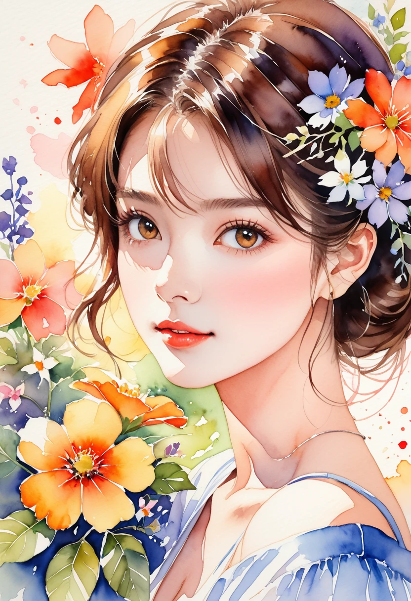 A very detailed watercolor painting, Has flowers that are reminiscent of summer, Depicting a beautiful woman