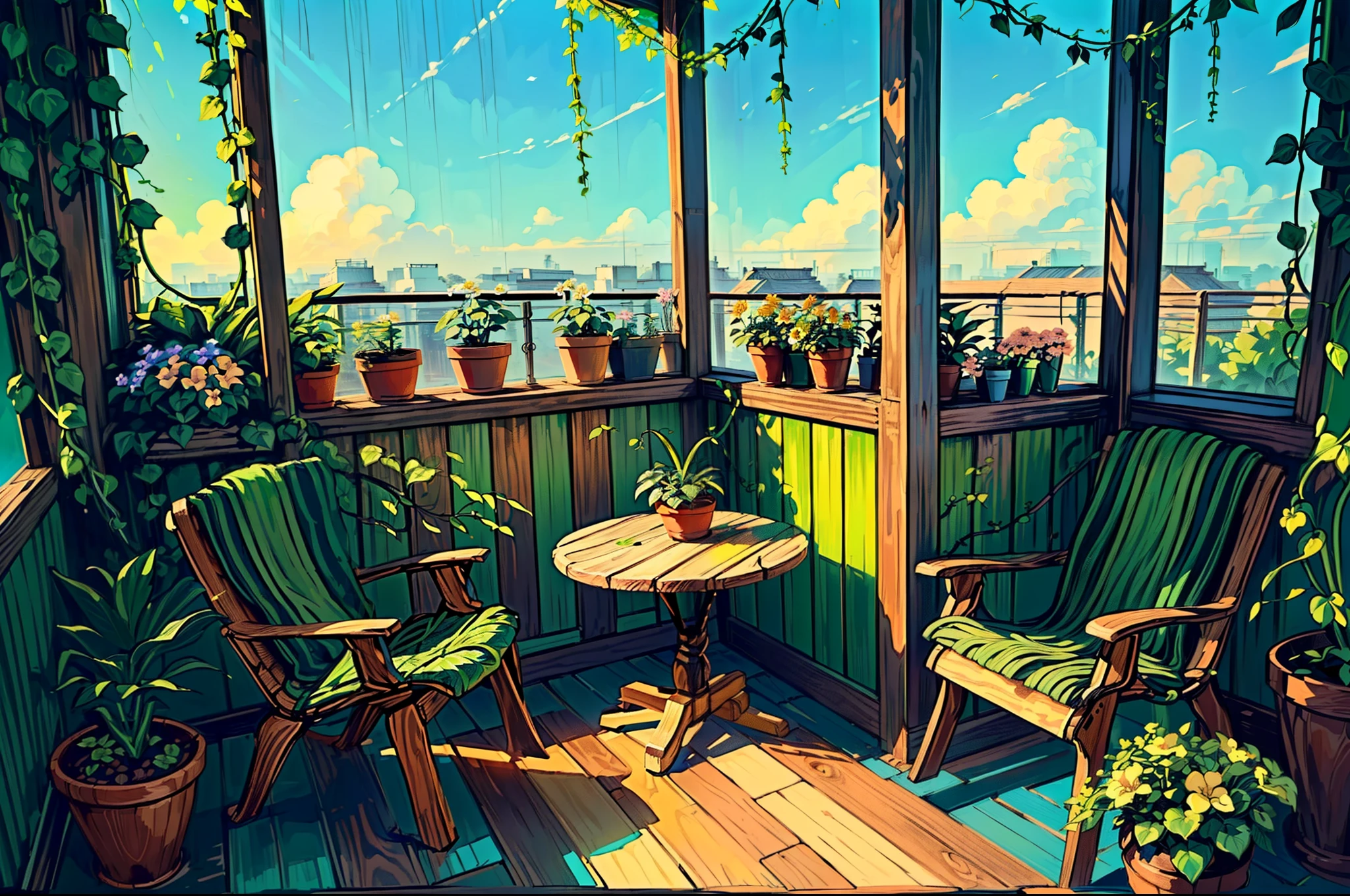 (masterpiece:1), (Full Wide View:1.5), (Interior of the wooden balcony of the Oranto nursery on the top floor of the building :1.6), (Lo-fi atmosphere:1.3), (Bright Day:1.5), (Exotic plants:1.3), silence, (Green grass seen from the balcony:1.4), (Vast blue sky:1.5), (Soft and bright glow in vibrant colors:1.4), Beautiful sky, (Volumetric Light:1.2), peaceful, (There are large, brightly colored flowers blooming all around.:1.5), (nature:1.3), (nature ambience:1.3), (Wooden chairs and tables:1.5), (Various shades of green vines everywhere:1.4), (Beautiful aesthetics:1.2), (Tropical plant flower pot:1.4), beautiful tone, Subtle colors, peaceful, (figure: 1.0), A magnificent composition, Realistic lighting, (not human:1.6), HD detailed, masterpiece, Highest quality, ,
