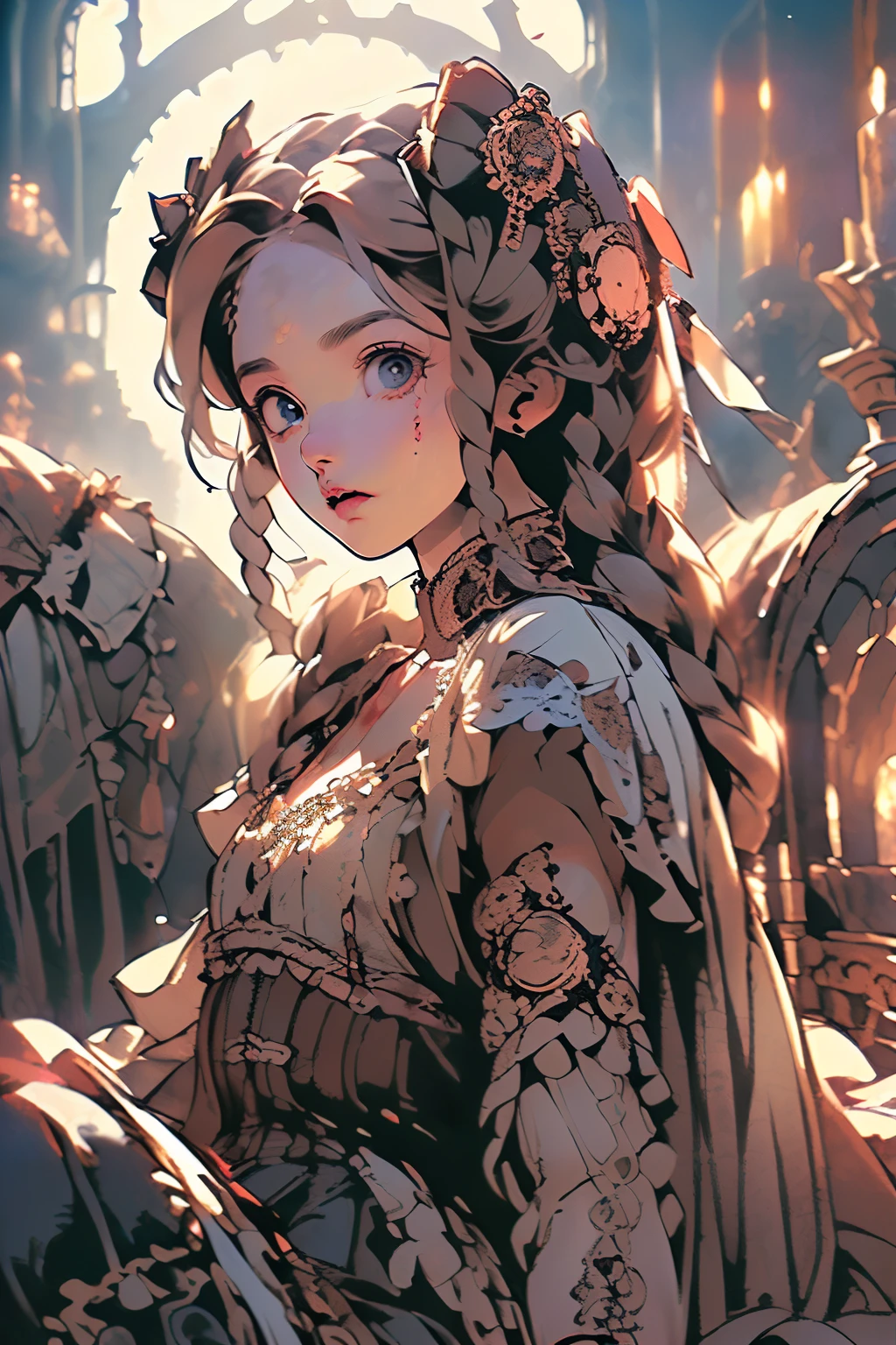 ((best quality)), ((masterpiece)), (detailed), 1girl, off-shoulder baggy clothes,clothes too big exposing chest,(little chest),(big forhead:1.2),(beautiful big eyes:1.3), (((flat chest))),((((long twin braids,tight braids,long braid,braided hair, NSFW red and white loose-fitting clothing, Bloodborne inspired, occult aesthetic, occult, detailed and intricate steampunk and detailed gothic, NSFW, grim-dark, side-lighting, perfect face, NSFW Fluttering lace flared dress with frilly petticoats, pleated petticoats, lolita dress, petticoats gothic lolita, complex lace boots, side-lighting, gothic lolita aesthetic, NSFW, beautiful small breasts, small breasts