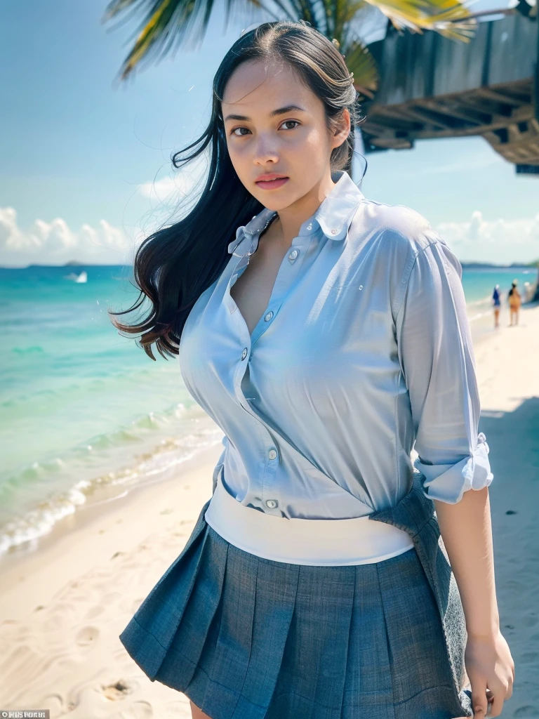 1girl, solo, (uniform), standing, at the beach,  beautifully ocean scenery, detailed face, cute face, detailed eyes, thick breasts, smooth realistic skin, tight white shirt, tight blue grey miniskirt, looking at the audience, low angle shot,(8k, RAW photo, best quality, masterpiece: 1.2), (realistic, realistic: 1.37), ultra-high resolution