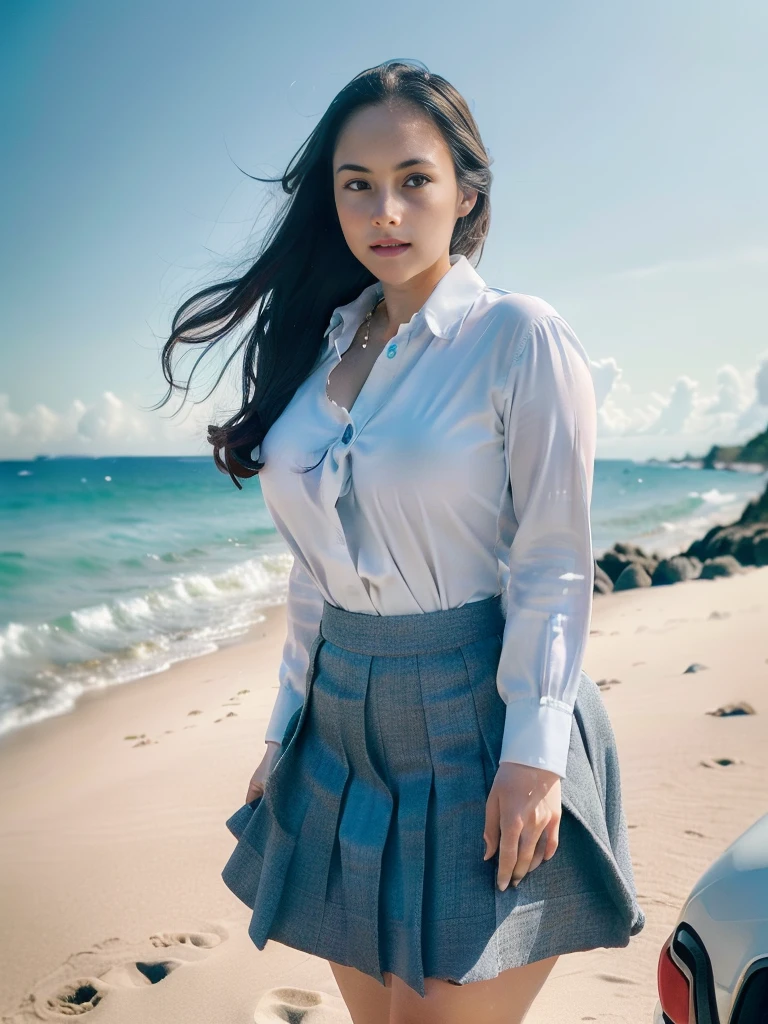1girl, solo, (uniform), standing, at the beach, beautifully ocean scenery, detailed face, cute face, detailed eyes, thick breasts, smooth realistic skin, tight white shirt, tight blue grey miniskirt, looking at the audience, low angle shot,(8k, RAW photo, best quality, masterpiece: 1.2), (realistic, realistic: 1.37), ultra-high resolution