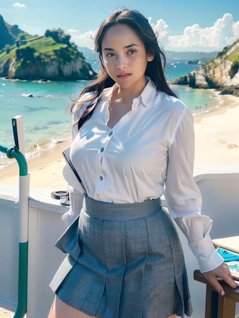 1girl, solo, (uniform), standing, at the beach, beautifully ocean scenery, detailed face, cute face, detailed eyes, thick breasts, smooth realistic skin, tight white shirt, tight blue grey miniskirt, looking at the audience, low angle shot,(8k, RAW photo, best quality, masterpiece: 1.2), (realistic, realistic: 1.37), ultra-high resolution
