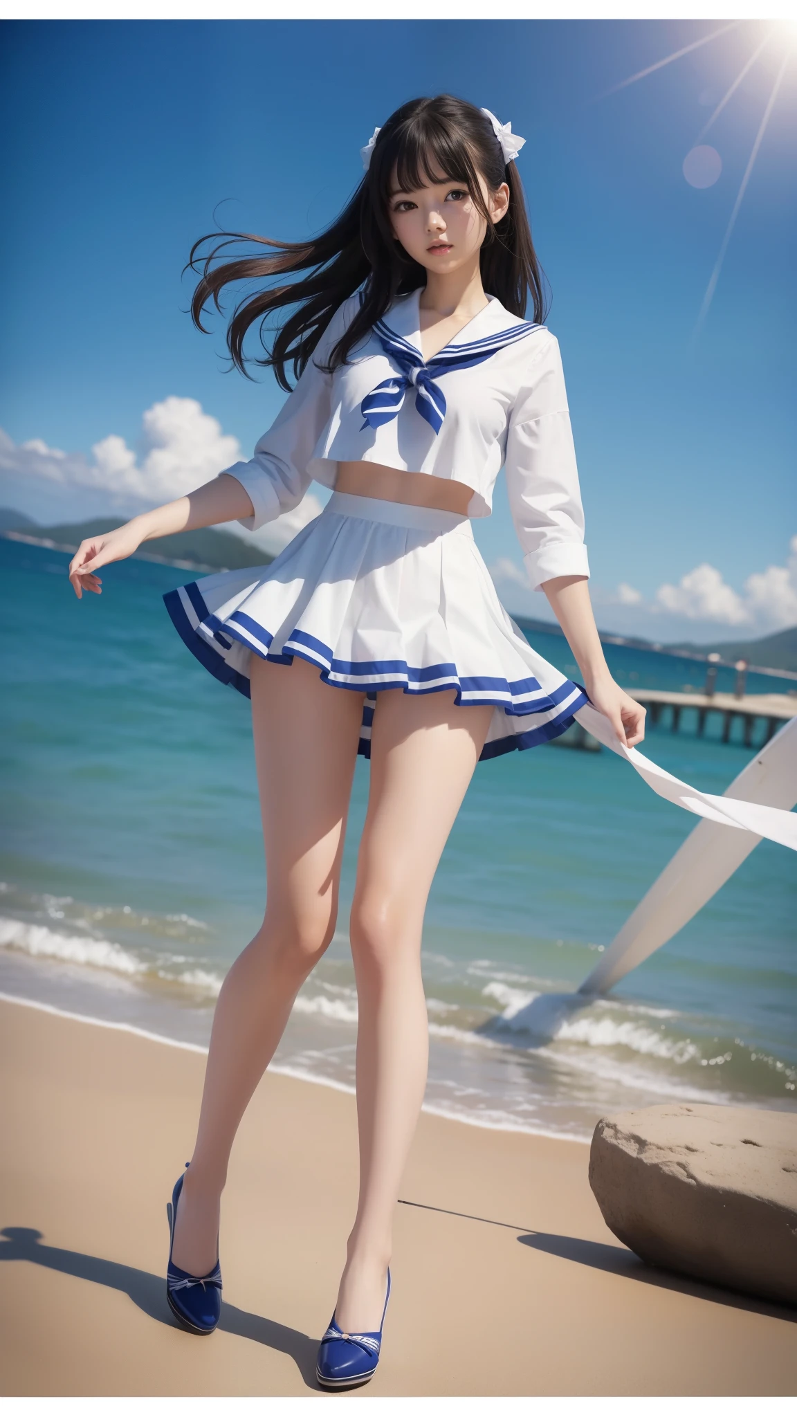 Sailor suit、Embarrassing、One beautiful woman、Detailed face、Beautiful Hands、Thin legs、(Highest quality:1.2), 8k, Official Art, chest、cute、((I can see your pants))、Pulling on skirt, Trending on cgstation, Official Art,  Five Fingers Photos&#39;Body of, Whole Body Ezbian、Sailor suitの美しさ、Cool look、(masterpiece:1.2)、(Highest quality)、(Get used to it)、(8k)、(Cinema Lighting)、(Sharp focus)、(complicated)、Black Hair、、小さいchest、Laughter、Incredibly stupid、(beautiful girl, cute face, Turn back, Gold decoration in hair、naked、chestのクローズアップ, Gardenia, Viola family, space , Looking at the audience, Film Grain, chromatic aberration, オッパイSharp focus, Face Light, Dynamic Lighting, Cinema Lighting, Get used to itな目と顔, (cute tie、1:1.2)、information、The right move、Professional photography techniques
