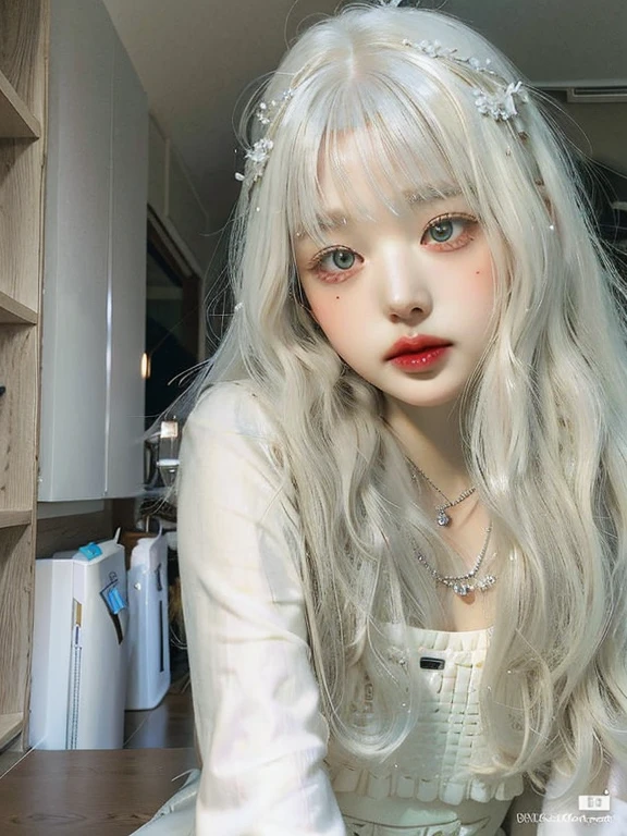 Blonde haired girl with long white hair and a necklace., Long white hair and bangs, with long white hair, with long white hair, White Hime Cut Hairstyle, white bangs, Her hair is white, cabello Whitebangs cabello, ulzzang, pale hair, white hair color, Silver Hair Girl, lalisa manobal, light gray hair, Long straight silver hair