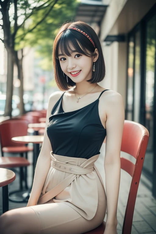 (((Top quality, 8K, Masterpiece: 1.3)), Beautiful girl, Pure, Melon face, feminine and cute, kind smile, Pure desire, Slender body, (Front), (Tilted head), ((Looking at camera) ), wearing a colorful suit, black silky short bob hair, long flowing shoulders, round black big eyes, clear big eyes, moist red lips, sweet, sitting on a chair, cafe terrace background ,(((waist shot))),SFW, Bokeh, Hair accessories)