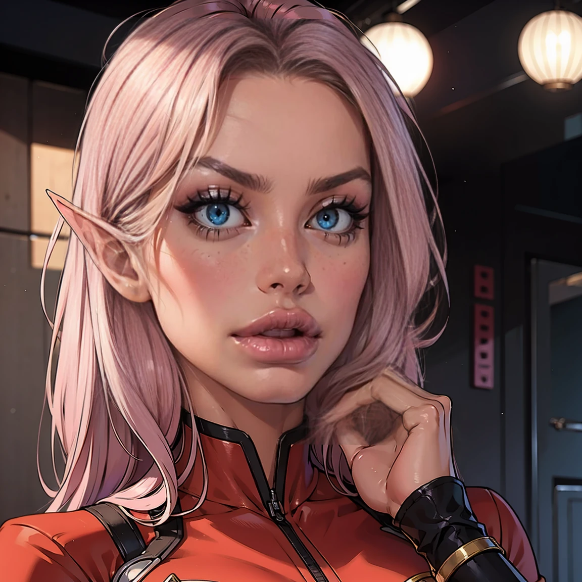 red uniform, pink military uniform, purple hair ,blue eyes, lipstick, long hair, 1 girl, 20yo,Young female, Beautiful Finger, Beautiful long legs, Beautiful body, Beautiful Nose, Beautiful character design, perfect eyes, perfect face, expressive eyes, looking at viewer, in the center of the image,(light_smile:0.5), official art, extremely detailed CG unity 8k wallpaper, perfect lighting, Colorful, Bright Front face lighting, shiny skin, (masterpiece:1.0),(best_quality:1.0), ultra high res,4K,ultra-detailed, photography, 8K, HDR, high res, absurdres:1.2, Kodak portray 400, film grain, blurry background, bokeh:1.2, lens flare, (vibrant_color:1.2) (Beautiful,large_Breasts:1.0), (beautiful_face:1.5),(narrow waist) BLOOD ELVES