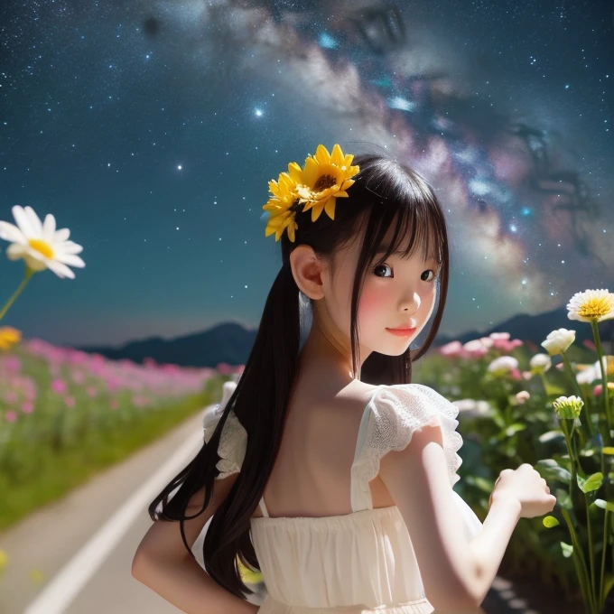 milky way 1 person letter Beautiful girls From afar There are lots of flowers growing dancing