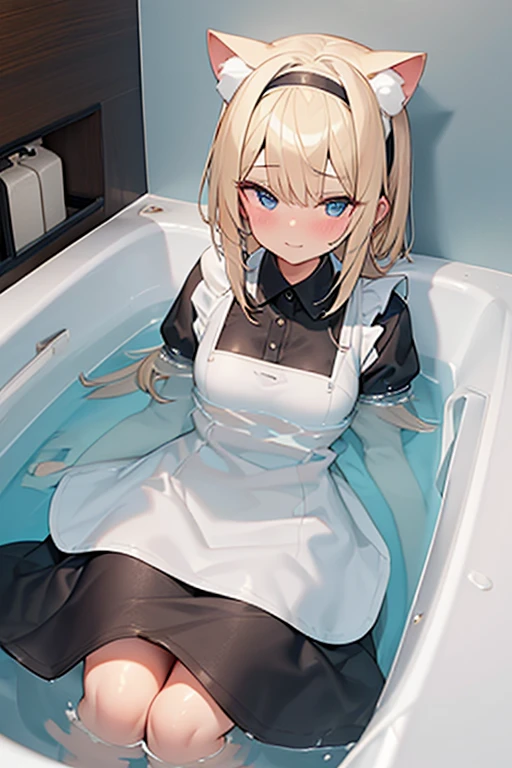 (Ultra high quality:1.6), (Highest quality:1.6), (Attention to detail:1.6), (Ultra-high resolution:1.6), (Detailed face:1.6), (Perfect Face:1,6), (Beautiful Eyes:1,6), (Detailed eyes:1.6), (Maid clothes, White apron, Headband, Black Dress, Blue ribbon, Maid clothes, Classic, Small breasts, Long:1.4), (白と黒のMaid clothes:1.6), (Blonde, Blue Eyes, Cat ear:1.5), cute, The best smile, Soaking wet, (Water droplets all over the body:1.4), (Covered in white foam:1.6), (Swimming in clothes, bathing, Bathroom, Longの浴槽:1.6), (relax, Relax in the bathtub:1.6), (Bubble bath:1.6), (Bathtub full of bubbles:1.6), (Maid clothesのまま浴槽へ:1.4), White foam on clothes, (Soak in deep water:1.6), (Deep hot water:1.4), (Wash your body with your clothes on:1,4), (shampoo, Body Soap, sponge:1.2), 