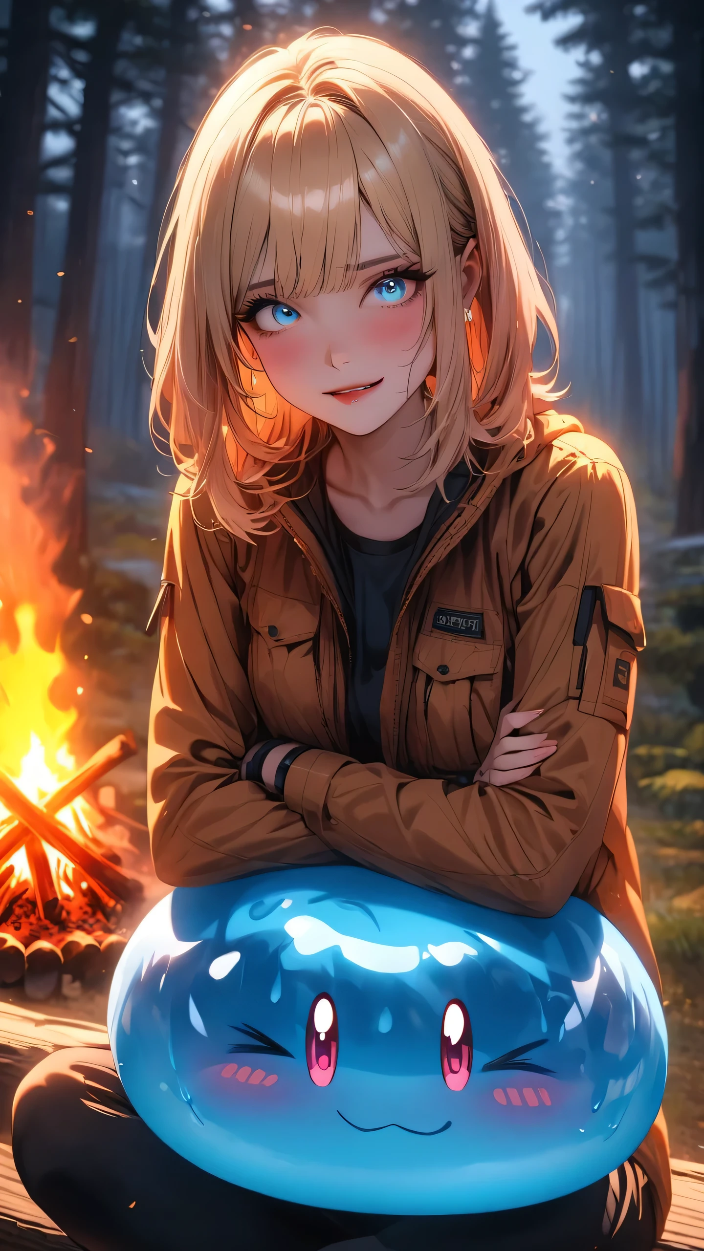 highest quality, masterpiece, best quality, 1 girl, solo,
BREAK
dramatic lighting, glowing, glowneon, moonlight,
BREAK
Forest, bonfire ,
BREAK
Hug slime, sitting on log, upper body
BREAK
blue eyes, medium hair, blonde hair:1.5, straight hair, adventure clothes,
