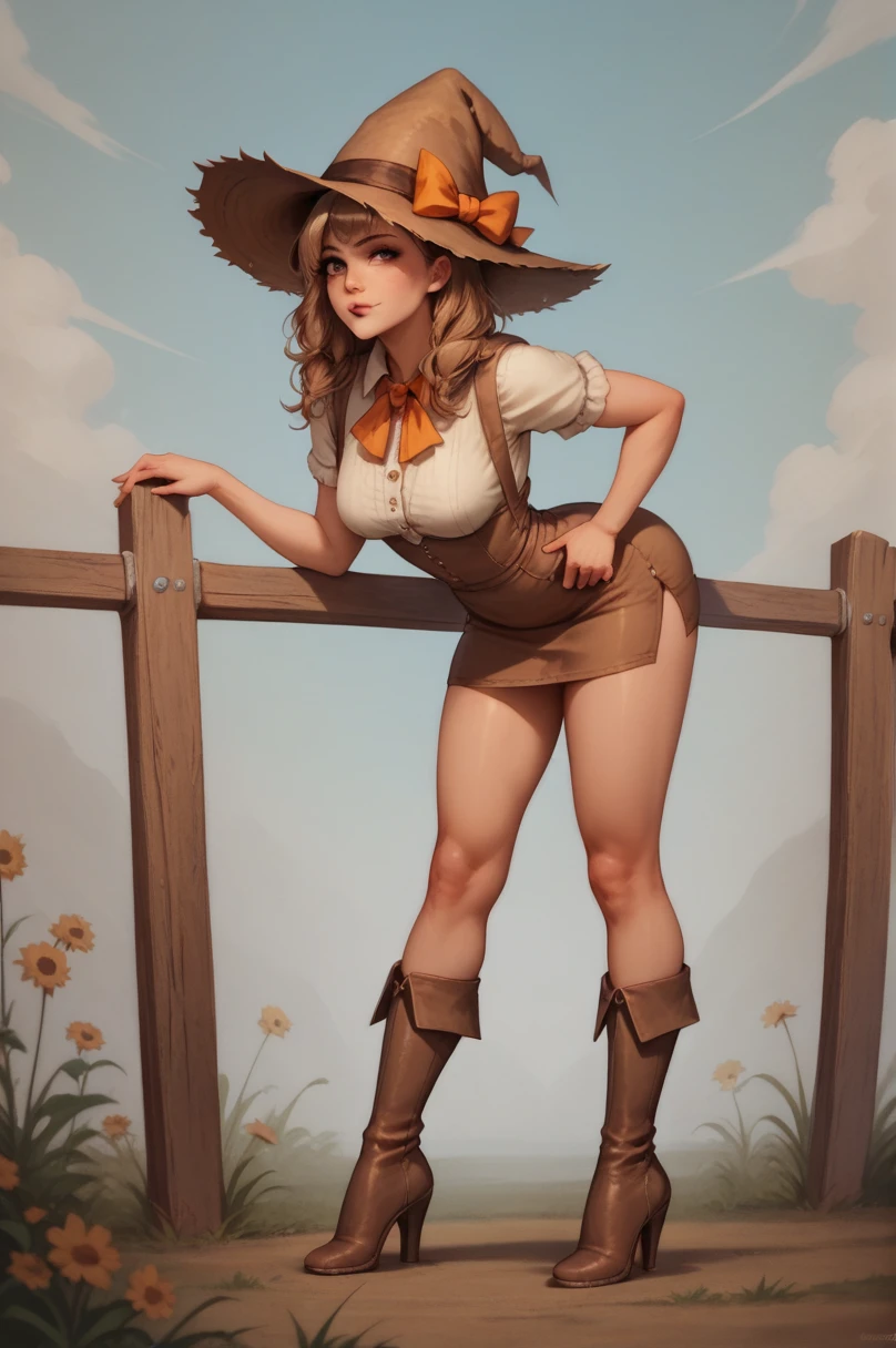 Attractive, Charismatic, Gray-haired smiling fully nude woman of old years, legs wide spread. pubic hair, with a kind expression on his face, wearing a brown cowboy hat, in cowboy boots. The camera looks from below