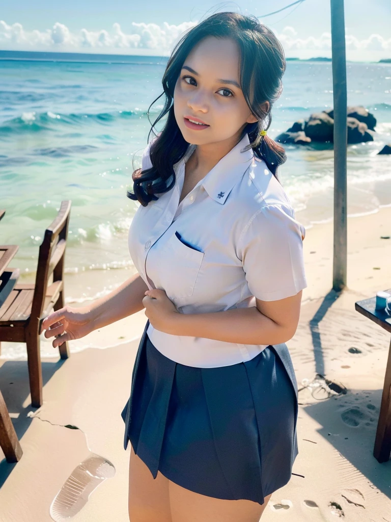 1girl, solo, (uniform), standing, at the beach, beautifully ocean scenery, detailed face, cute face, detailed eyes, thick breasts, smooth realistic skin, tight white shirt, tight blue grey miniskirt, looking at the audience, low angle shot,(8k, RAW photo, best quality, masterpiece: 1.2), (realistic, realistic: 1.37), ultra-high resolution