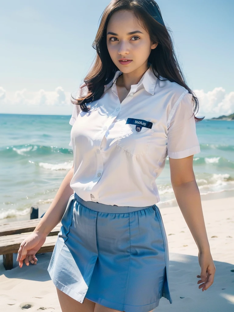1girl, solo, (uniform), standing, at the beach,  beautifully ocean scenery, detailed face, cute face, detailed eyes, thick breasts, smooth realistic skin, tight white shirt, tight blue grey miniskirt, looking at the audience, low angle shot,(8k, RAW photo, best quality, masterpiece: 1.2), (realistic, realistic: 1.37), ultra-high resolution