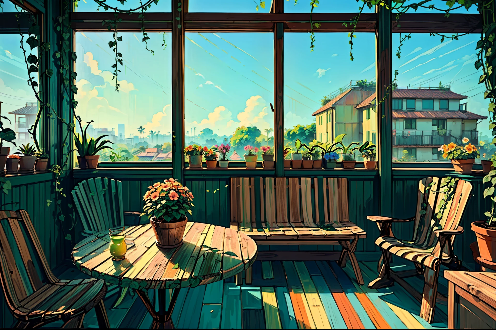 (masterpiece:1), (Full Wide View:1.5), (Interior of the wooden balcony of the Oranto nursery on the top floor of the building :1.6), (Lo-fi atmosphere:1.3), (Bright Day:1.5), (Exotic plants:1.3), silence, (Green grass seen from the balcony:1.4), (Vast blue sky:1.5), (Soft and bright glow in vibrant colors:1.4), Beautiful sky, (Volumetric Light:1.2), peaceful, (There are large, brightly colored flowers blooming all around.:1.5), (nature:1.3), (nature ambience:1.3), (Wooden chairs and tables:1.5), (Various shades of green vines everywhere:1.4), (Beautiful aesthetics:1.2), (Tropical plant flower pot:1.4), beautiful tone, Subtle colors, peaceful, (figure: 1.0), A magnificent composition, Realistic lighting, (not human:1.6), HD detailed, masterpiece, Highest quality, ,