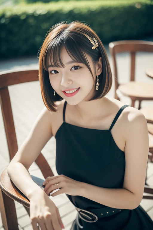 (((Top quality, 8K, Masterpiece: 1.3)), Beautiful girl, Pure, Melon face, feminine and cute, kind smile, Pure desire, Slender body, (Front), (Tilted head), ((Looking at camera) ), wearing a colorful suit, black silky short bob hair, long flowing shoulders, round black big eyes, clear big eyes, moist red lips, sweet, sitting on a chair, cafe terrace background ,(((waist shot))),SFW, Bokeh, Hair accessories, high_angle_shot)