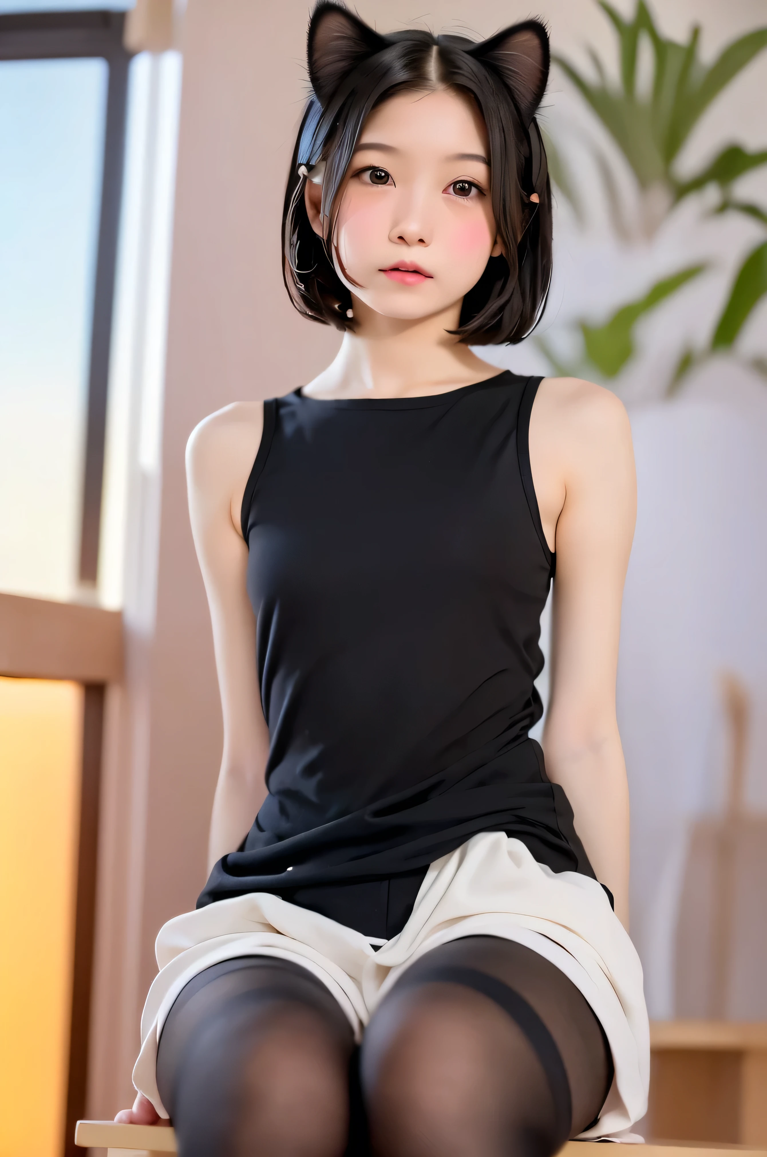 masterpiece, Bokeh, (Cat ear:1.4), Sitting on the beach at sunset, Looking at the audience, office lady, pantyhose,(masterpiece, Highest quality, It captures a very cute moment, Depth of written boundary, Super detailed, Ultra-high resolution, C4D, Octadale, 3D Modeling,Realistic human photos、 8k, 16K, One Girl,, 、Small breasts,Black Hair,short hair,Straight Hair,Light brown eyes,Cute Face), Bloomers, Black tank top, zettai ryouiki, Wet clothes,Classroom Nights,Moonlight, Good elevator, Take off、Real-life skin、Not an anime、Realistic、