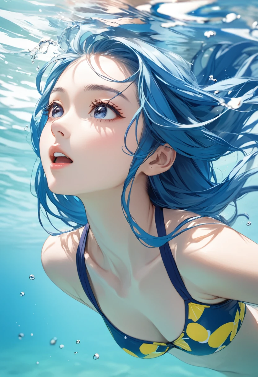 upper body,Blue-haired woman in swimsuit,Diving in the sea