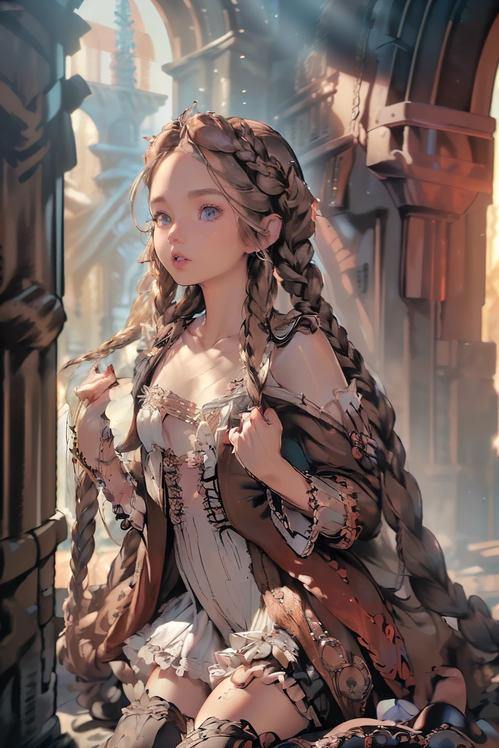 ((best quality)), ((masterpiece)), (detailed), 1girl, off-shoulder baggy clothes,clothes too big exposing chest,(little chest),(big forhead:1.2),(beautiful big eyes:1.3), (((flat chest))),((((long twin braids,tight braids,long braid,braided hair, NSFW red and white loose-fitting clothing, Bloodborne inspired, occult aesthetic, occult, detailed and intricate steampunk and detailed gothic, NSFW, perfect face, NSFW Fluttering lace flared dress with frilly petticoats, pleated petticoats, lolita dress, petticoats gothic lolita, complex lace boots, side-lighting, gothic lolita aesthetic, NSFW, beautiful small breasts, small breasts