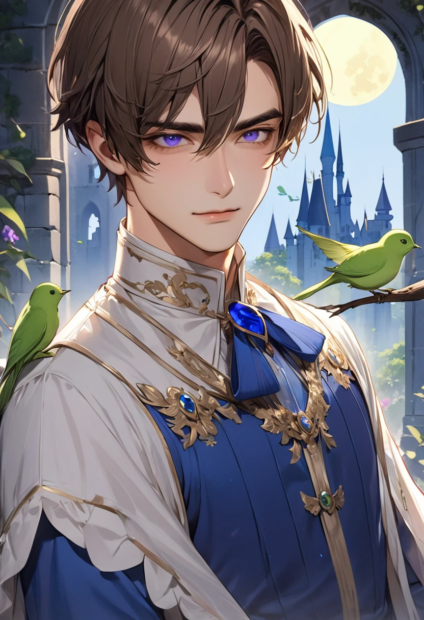 1 male Brown short hair Bangs that hide the eyes Purple eyes Thick but gentle brown eyebrows Socialite debut White and blue dress Inside the castle full moon A thin green bird