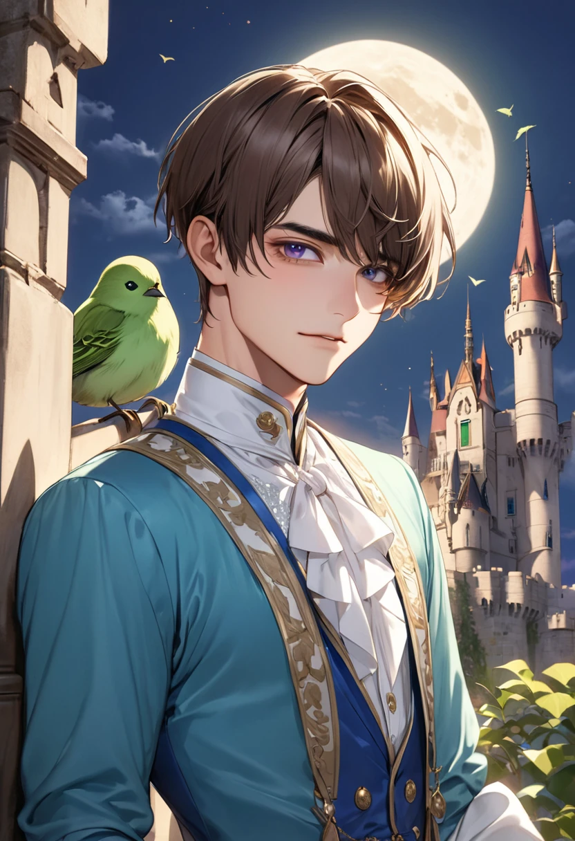 1 male Brown short hair Bangs that hide the eyes Purple eyes Thick but gentle brown eyebrows Socialite debut White and blue dress Inside the castle full moon A thin green bird